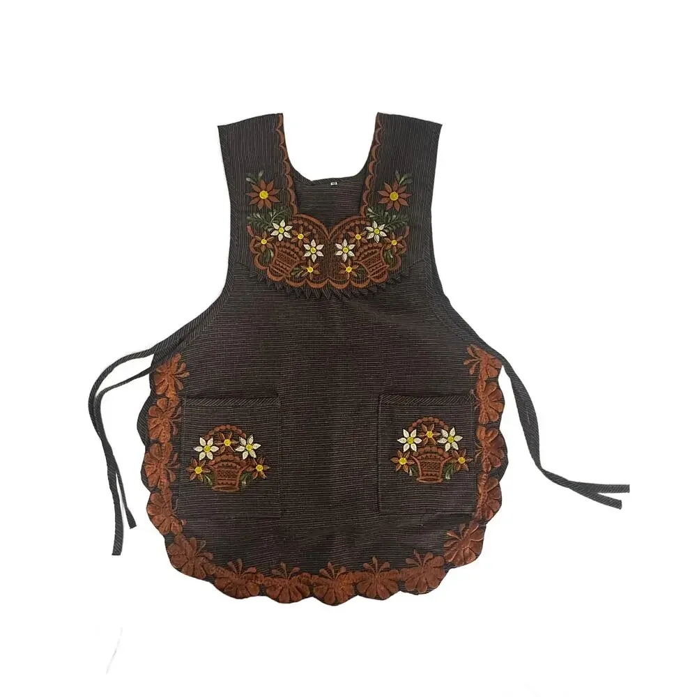 Brown Mexican Embroidered Smock Apron – Floral Traditional Design